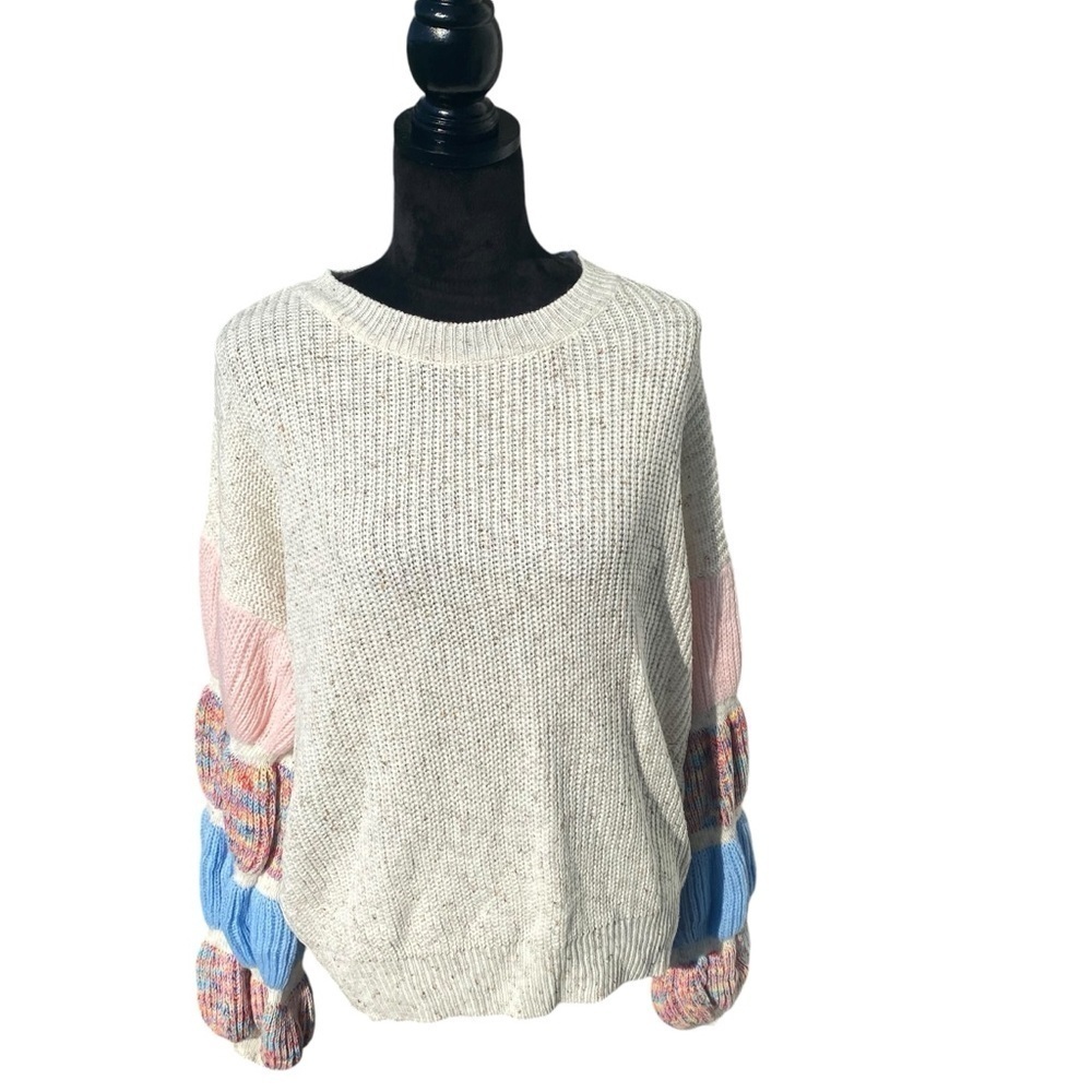 Shein Ladies Sweater Beige Puffy Colorful Sleeves,‎ Round Neck Size Large